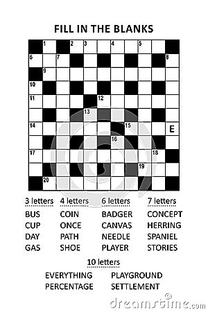 Puzzle page with criss-cross, or fill-in, crossword word game English language. Comfortable level, large print, family friendly. Vector Illustration